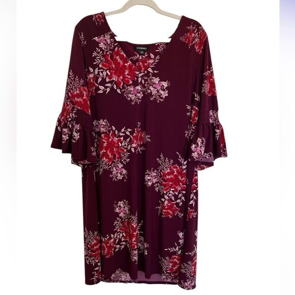 Women’s Plus size 2X gorgeous flutter sleeve maroon & pink floral dress NEW - Picture 1 of 15